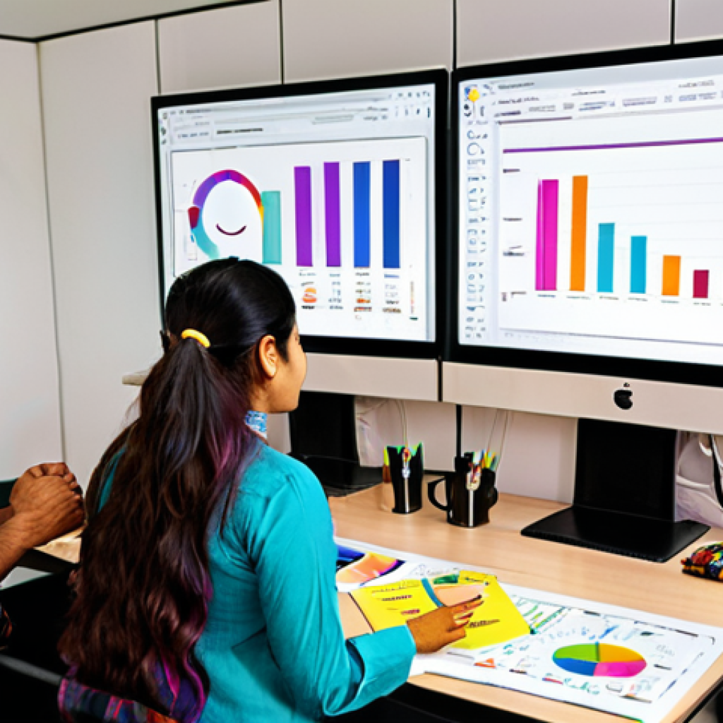 **

*   **Prompt:** A vibrant, modern office scene. A diverse team of young professionals collaborates around a large screen displaying colorful data visualizations, charts, and media performance metrics. Focus on expressions of excitement and problem-solving, showcasing the analytical and creative aspects of media planning in a dynamic Indian setting. Include laptops, coffee mugs, and sticky notes with Devanagari script for authenticity. The overall style should be bright, optimistic, and aspirational.

**