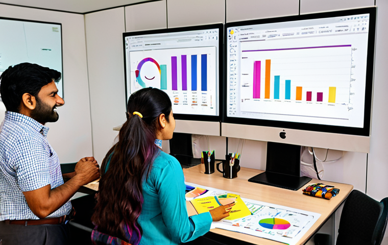 **

*   **Prompt:** A vibrant, modern office scene. A diverse team of young professionals collaborates around a large screen displaying colorful data visualizations, charts, and media performance metrics. Focus on expressions of excitement and problem-solving, showcasing the analytical and creative aspects of media planning in a dynamic Indian setting. Include laptops, coffee mugs, and sticky notes with Devanagari script for authenticity. The overall style should be bright, optimistic, and aspirational.

**