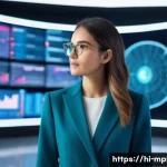 Home 18 미디어 플래너가 준비해야 할 면접 질문 - A professional and intelligent young woman, wearing stylish business casual attire, stands in a lumi...
