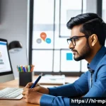 Home 16 미디어 플래너 자격증 종류와 준비 방법 - A professional media planner sitting at a modern office desk with multiple digital marketing tools o...